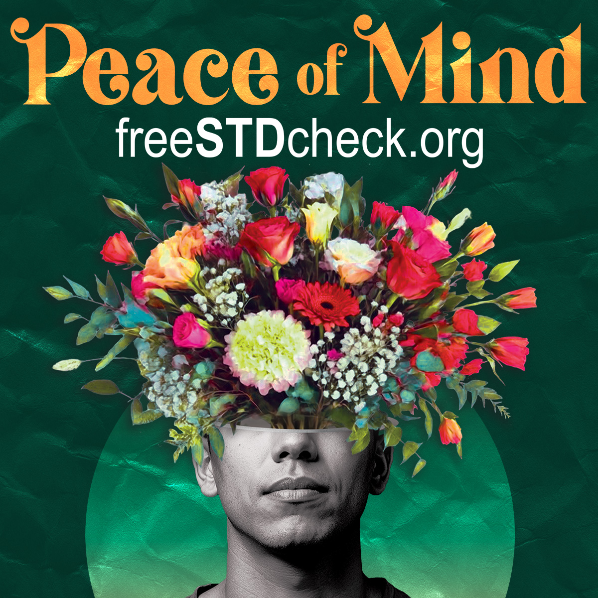 freeSTDcheck.org의 홍보 이미지로, "마음의 평화"라는 문구와 함께 흑백 초상화 위에 화려한 꽃다발이 놓여 있습니다.